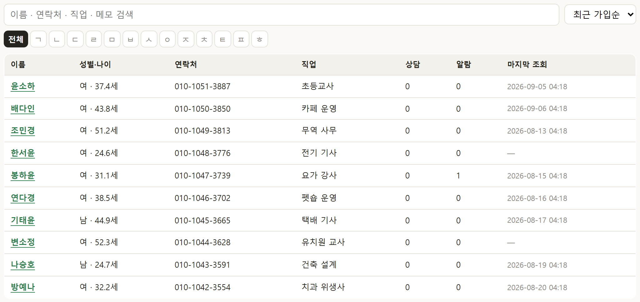 회원 리스트 — 검색창, 정렬 선택, 초성 필터와 이름·성별·나이·연락처·직업·상담 수·알람 수·마지막 조회 열로 구성된 고객 표